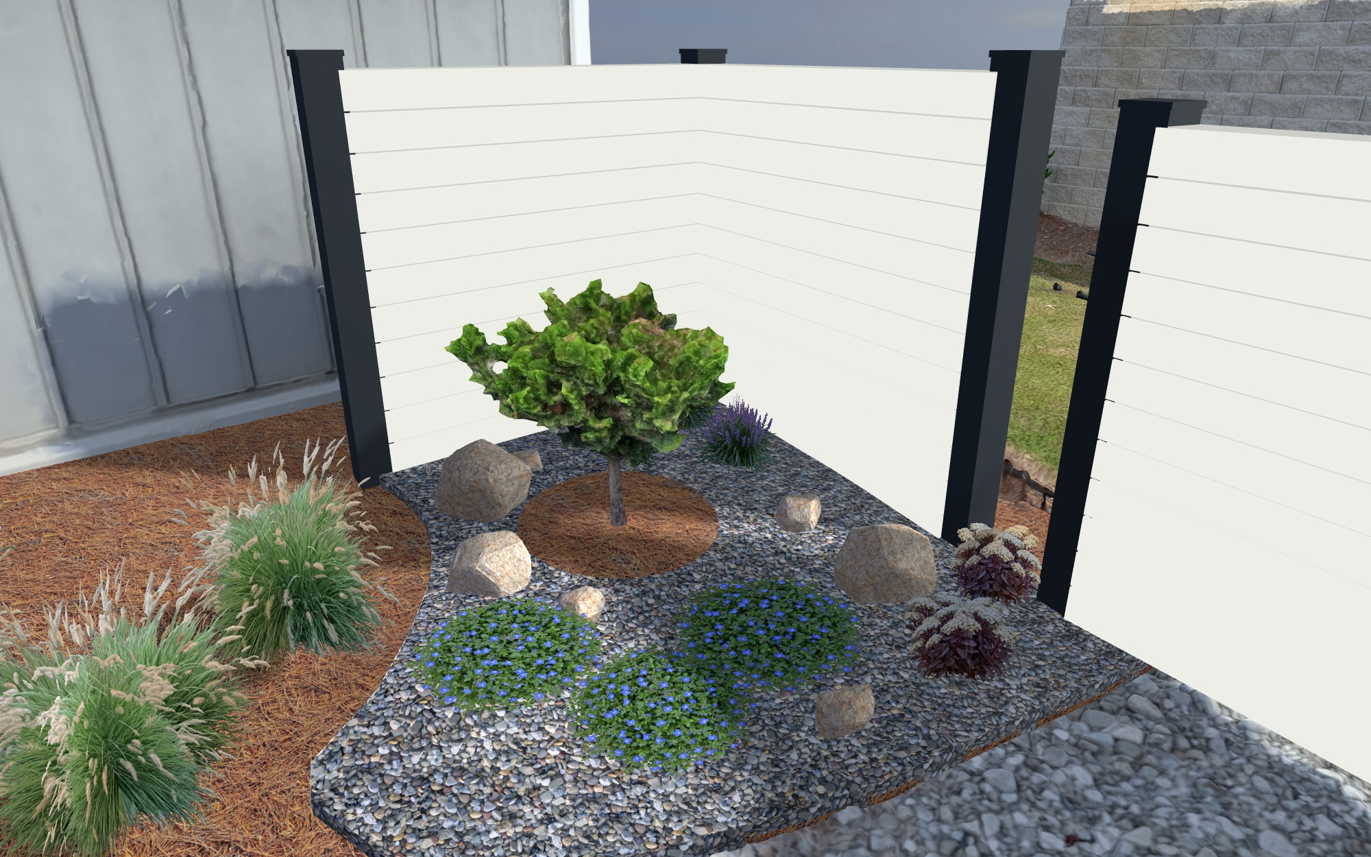 The Hinoki rock garden. Your three larger boulders and four smaller matching stones form one arrangement, surrounded by low planting and a centered pine-straw opening. Final stone placement can be refined on site.