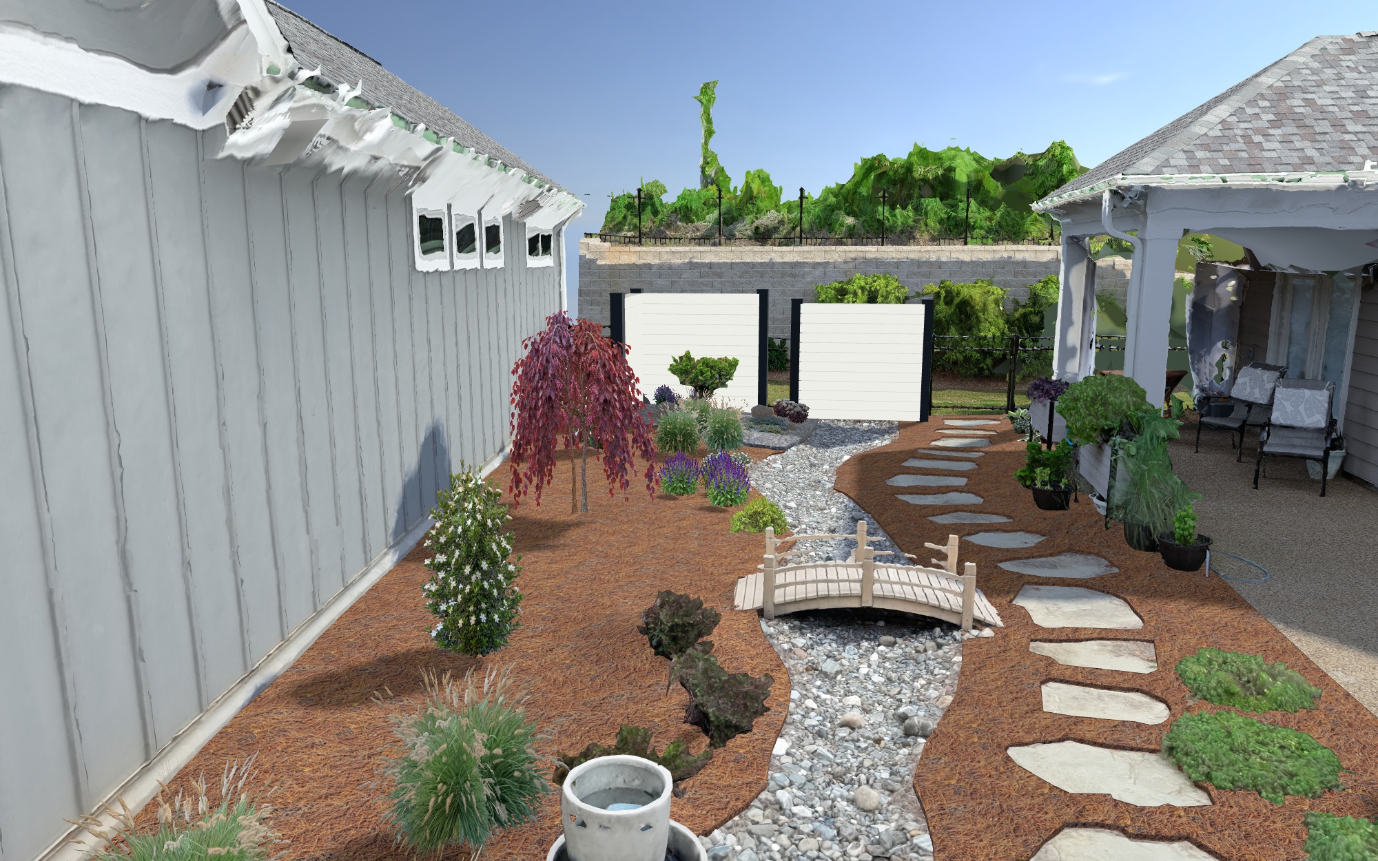 Looking toward the Hinoki corner. The focal garden ties into the existing courtyard and the retained planting layout.
