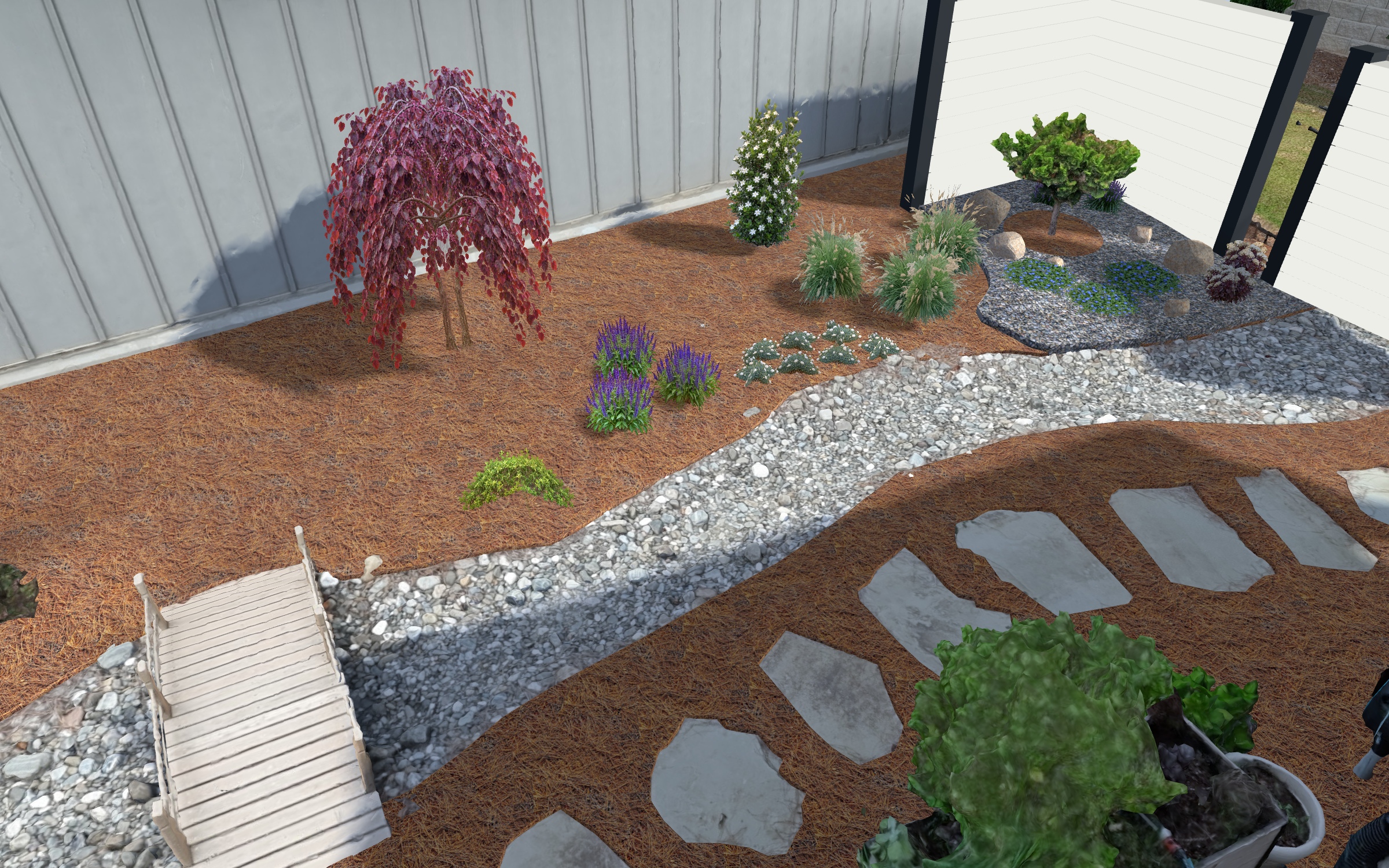 Your courtyard, brought together. An angled overview of the planting, bridge and stonework, with the Hinoki garden forming the focal corner.