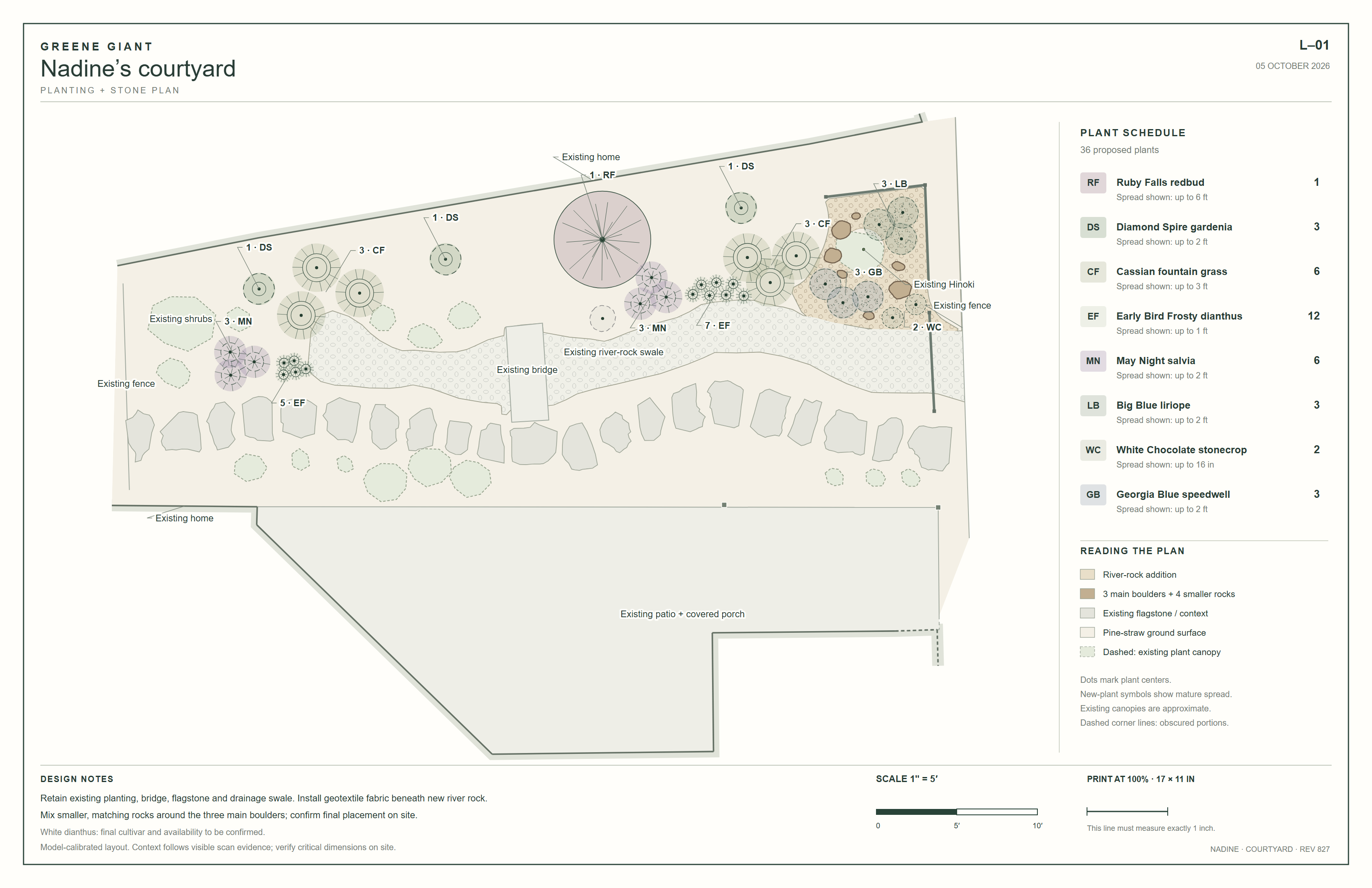 Scaled courtyard planting plan showing existing homes, bridge, swale, flagstones, concrete landing, fences and planting, with proposed plants and boulders